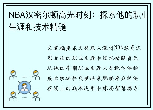 NBA汉密尔顿高光时刻：探索他的职业生涯和技术精髓