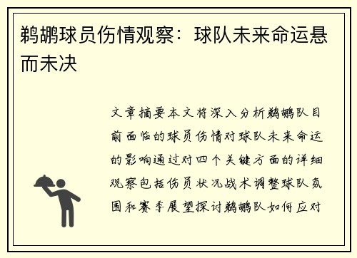 鹈鹕球员伤情观察：球队未来命运悬而未决
