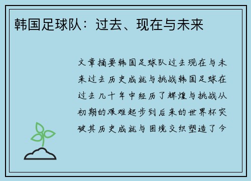 韩国足球队：过去、现在与未来